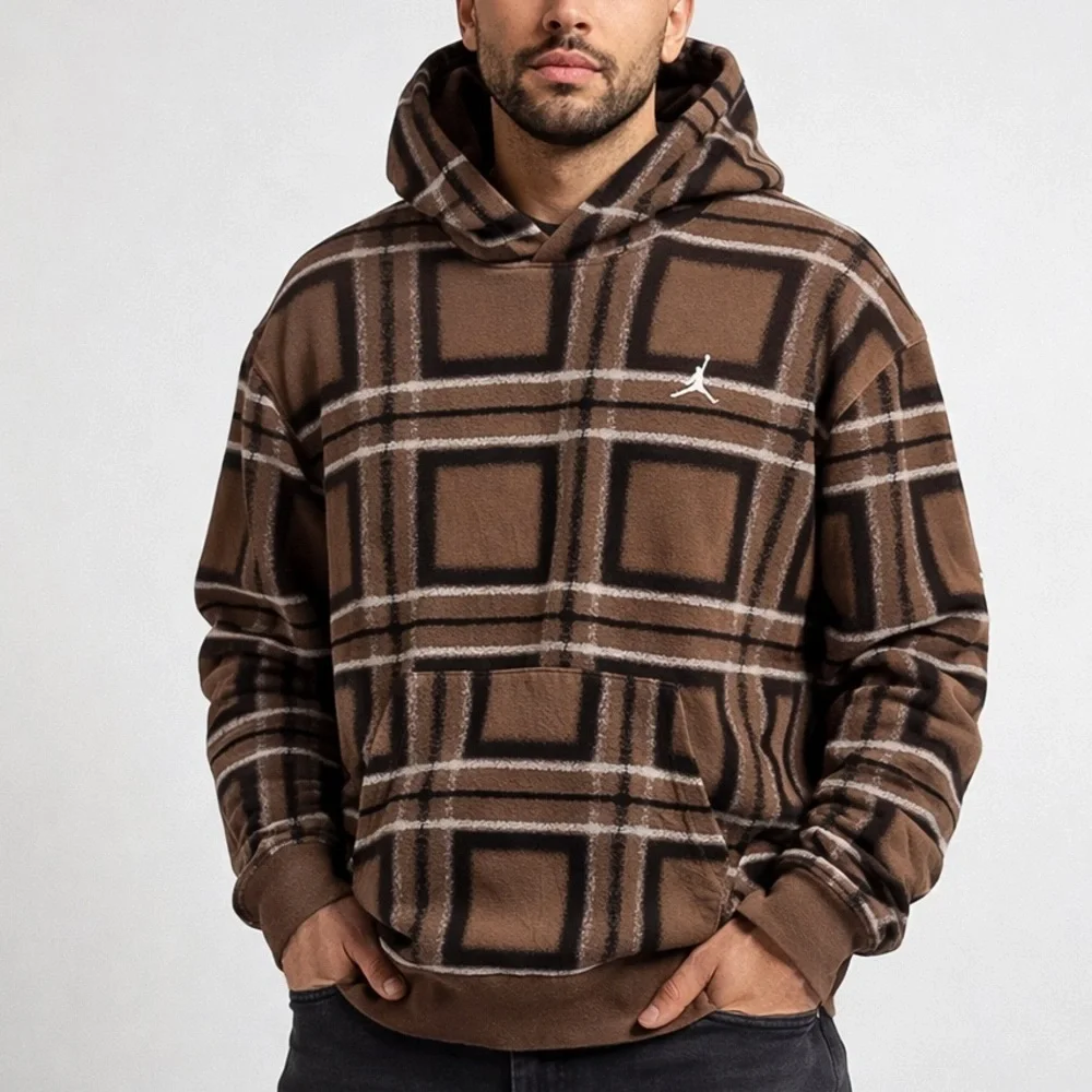 Jordan Essentials Plaid Pullover Hoodie Large Brown Tan British Tan Jumpman